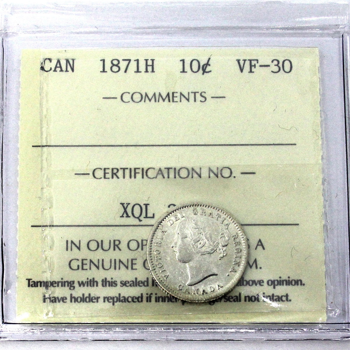 1871H Canada 10-cents ICCS Certified VF-30