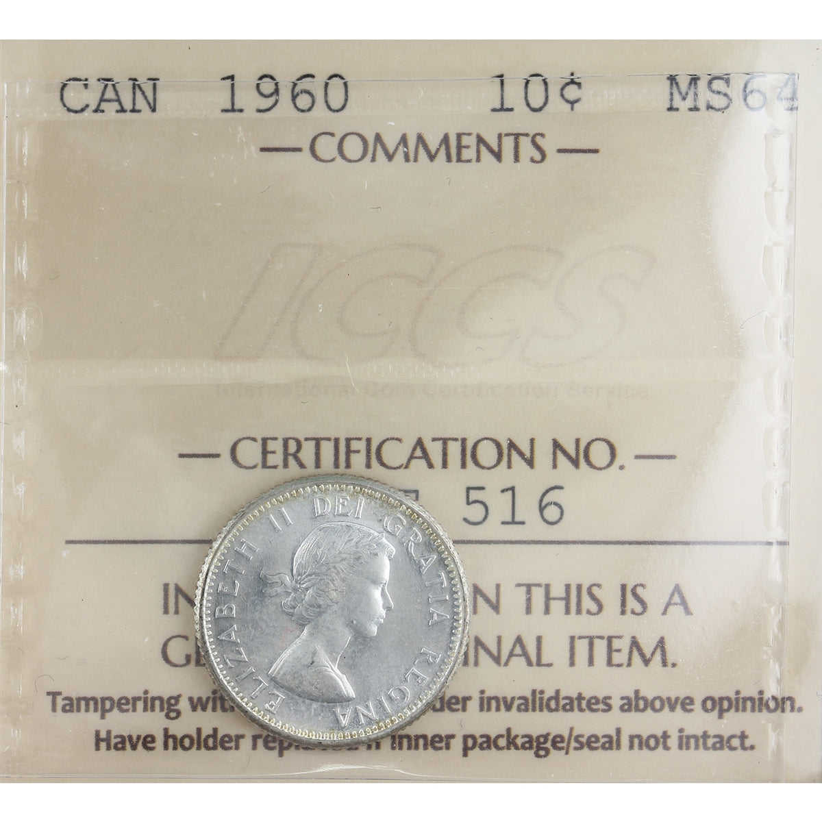 1960 Canada 10-cents ICCS Certified MS-64