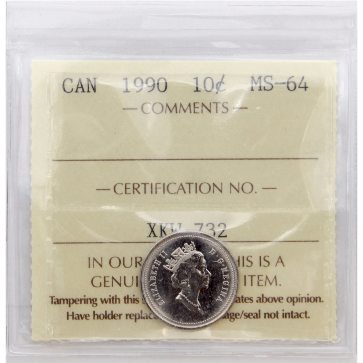 1990 Canada 10-cents ICCS Certified MS-64