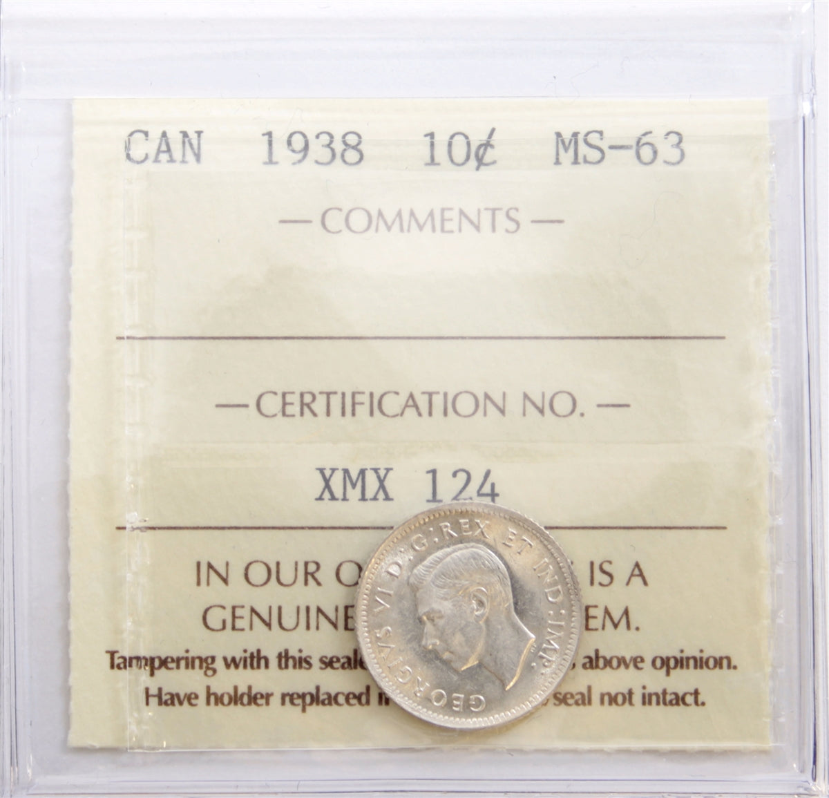 1938 Canada 10-cents ICCS Certified MS-63