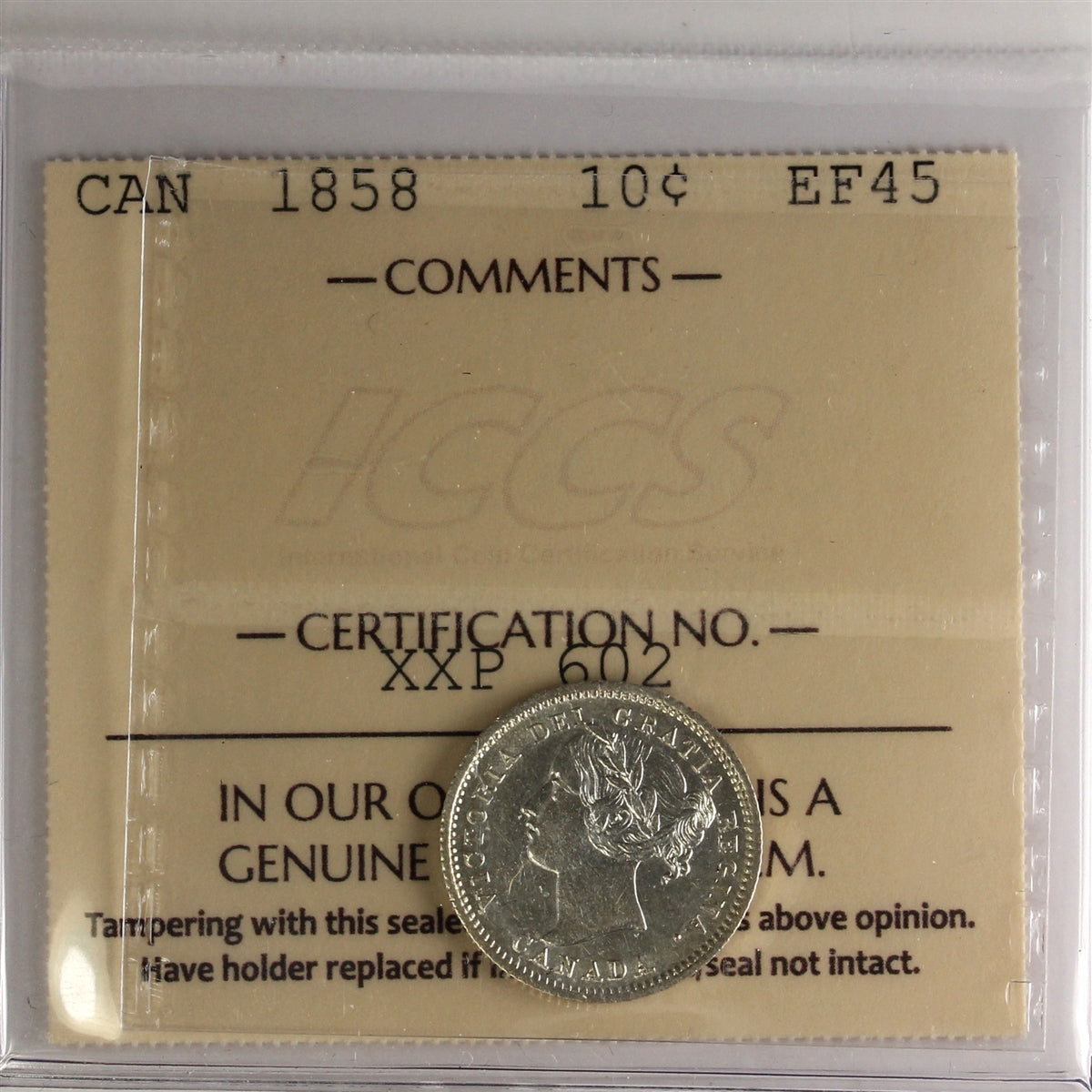 1858 Canada 10-cents ICCS Certified EF-45