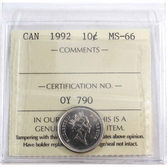 1992 Canada 10-cents ICCS Certified MS-66