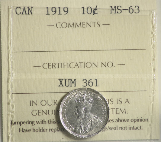 1919 Canada 10-cents ICCS Certified MS-63