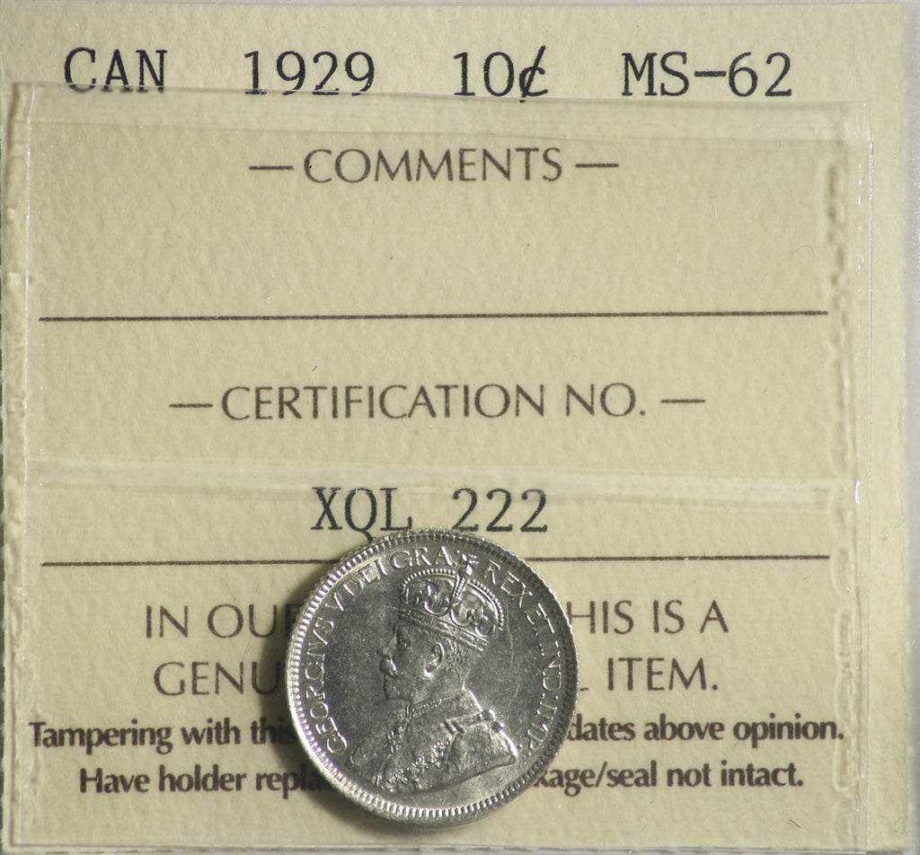 1929 Canada 10-cents ICCS Certified MS-62