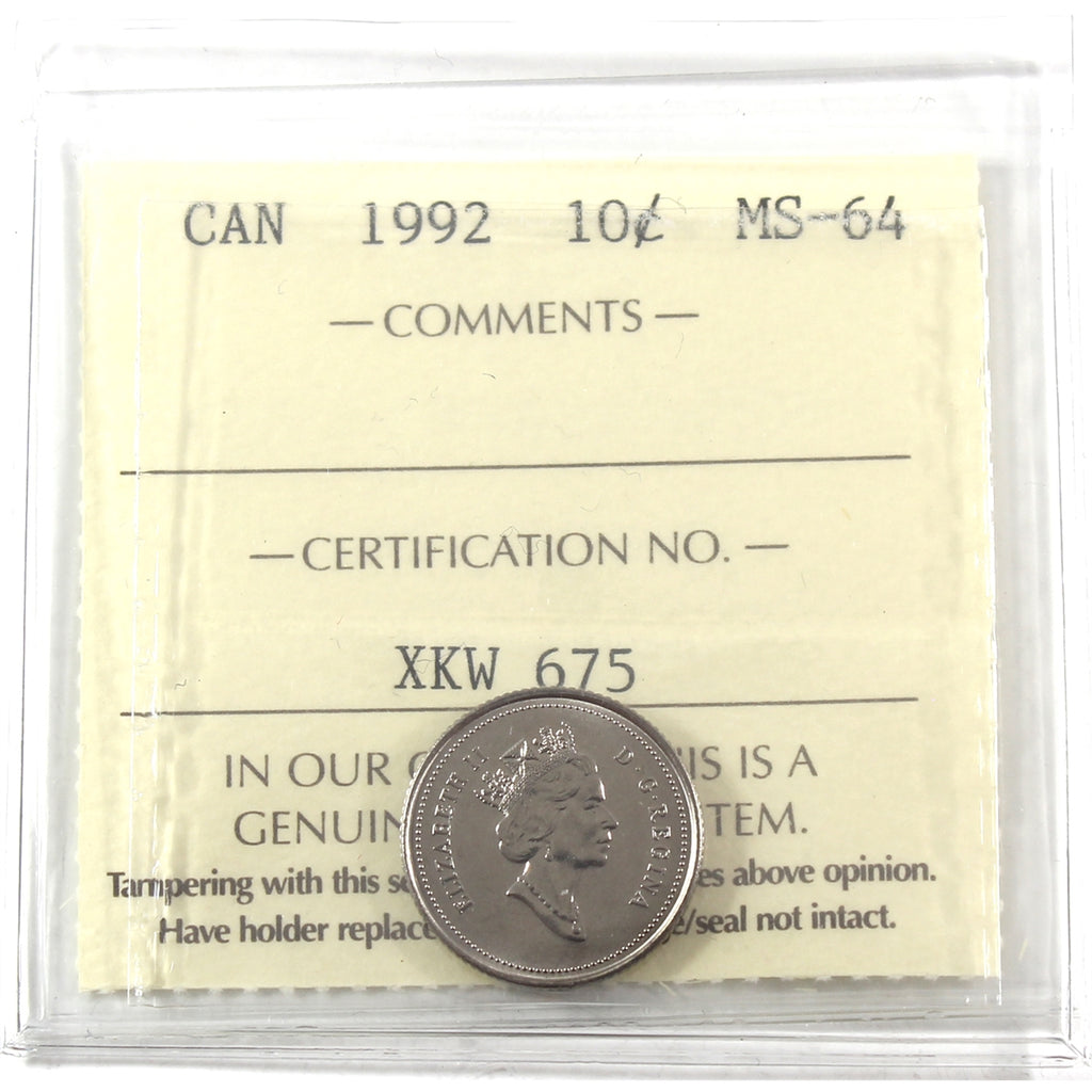 1992 Canada 10-cents ICCS Certified MS-64