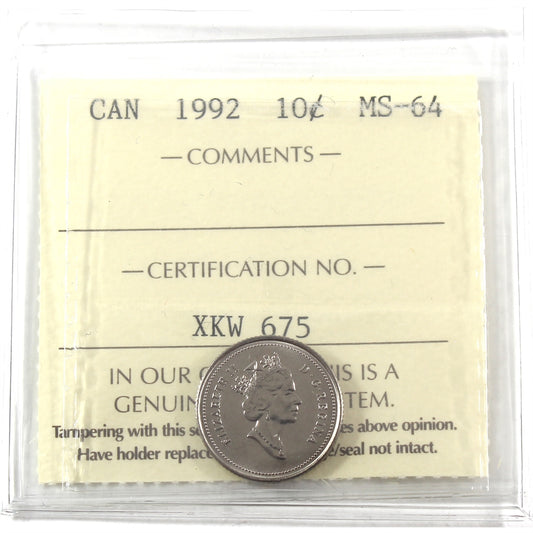 1992 Canada 10-cents ICCS Certified MS-64