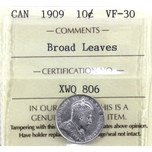 1909 Broad Leaves Canada 10-cents ICCS Certified VF-30