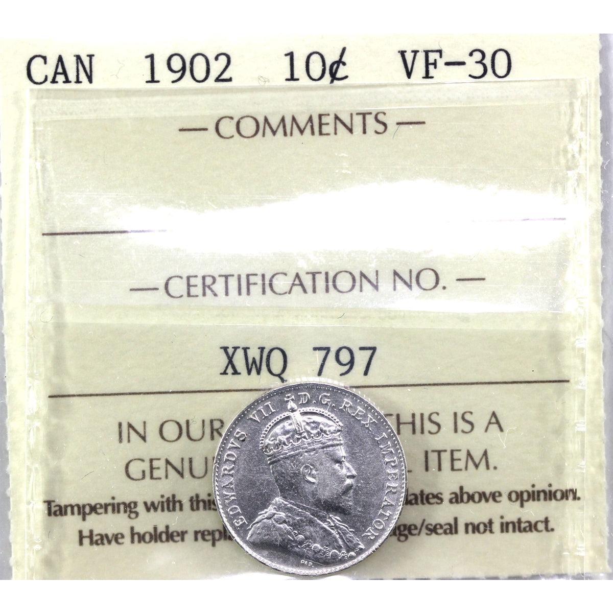 1902 Canada 10-cents ICCS Certified VF-30