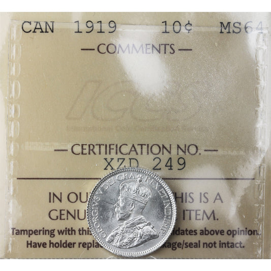 1919 Canada 10-cents ICCS Certiied MS-64 (XZD 249)