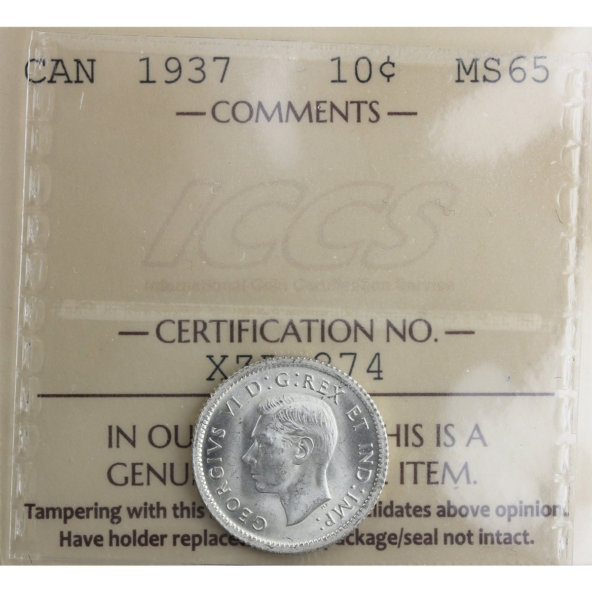 1937 Canada 10-cents ICCS Certified MS-65