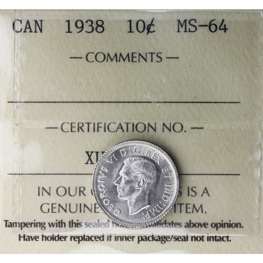 1938 Canada 10-cents ICCS Certified MS-64