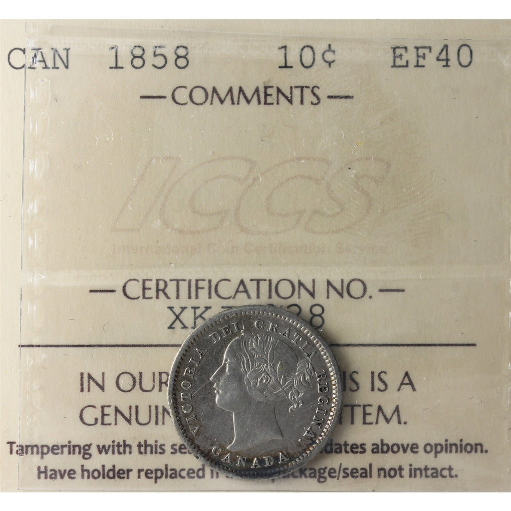 1858 Canada 10-cents ICCS Certified EF-40 (XKJ 838)