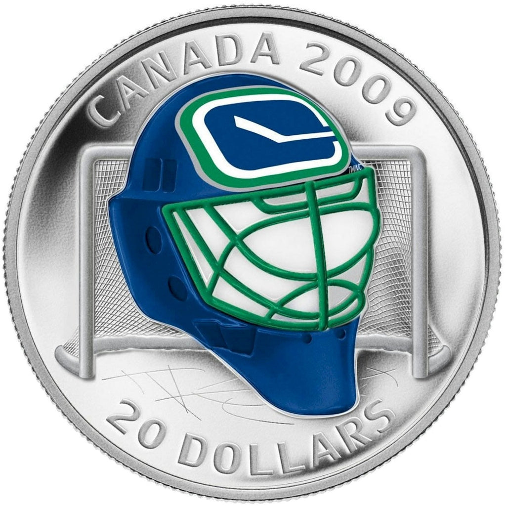 2009 Canada $20 Vancouver Canucks NHL Goalie Mask & Acrylic Stand Sterling Silver