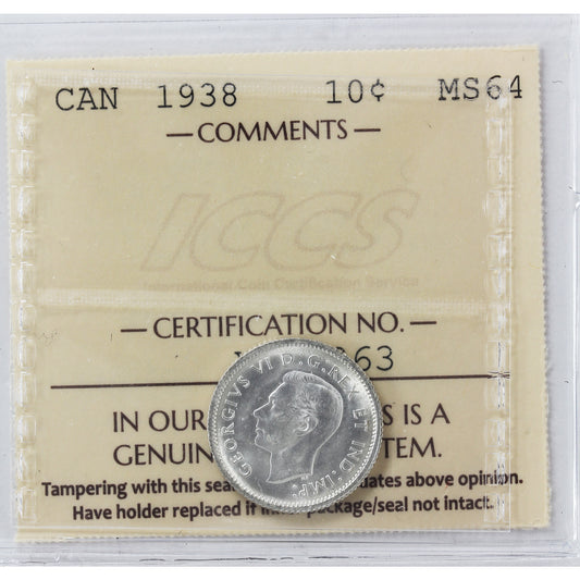 1938 Canada 10-cents ICCS Certified MS-64 (XSI 363)