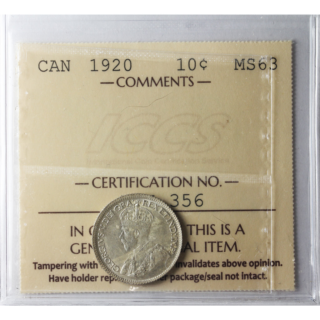 1920 Canada 10-cents ICCS Certified MS-63 (XQZ 122)