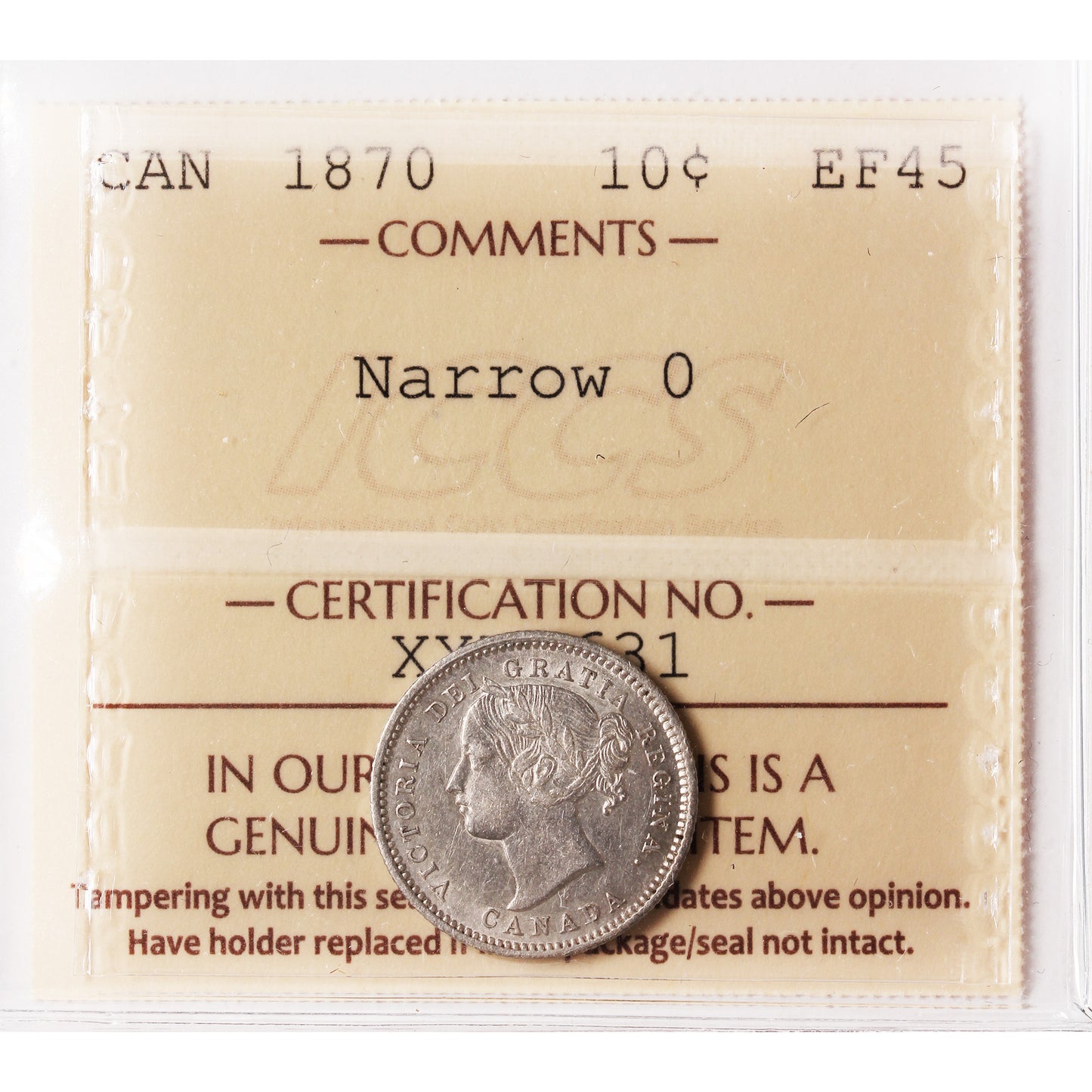 1870 Narrow 0 Canada 10-cents ICCS Certified EF-45