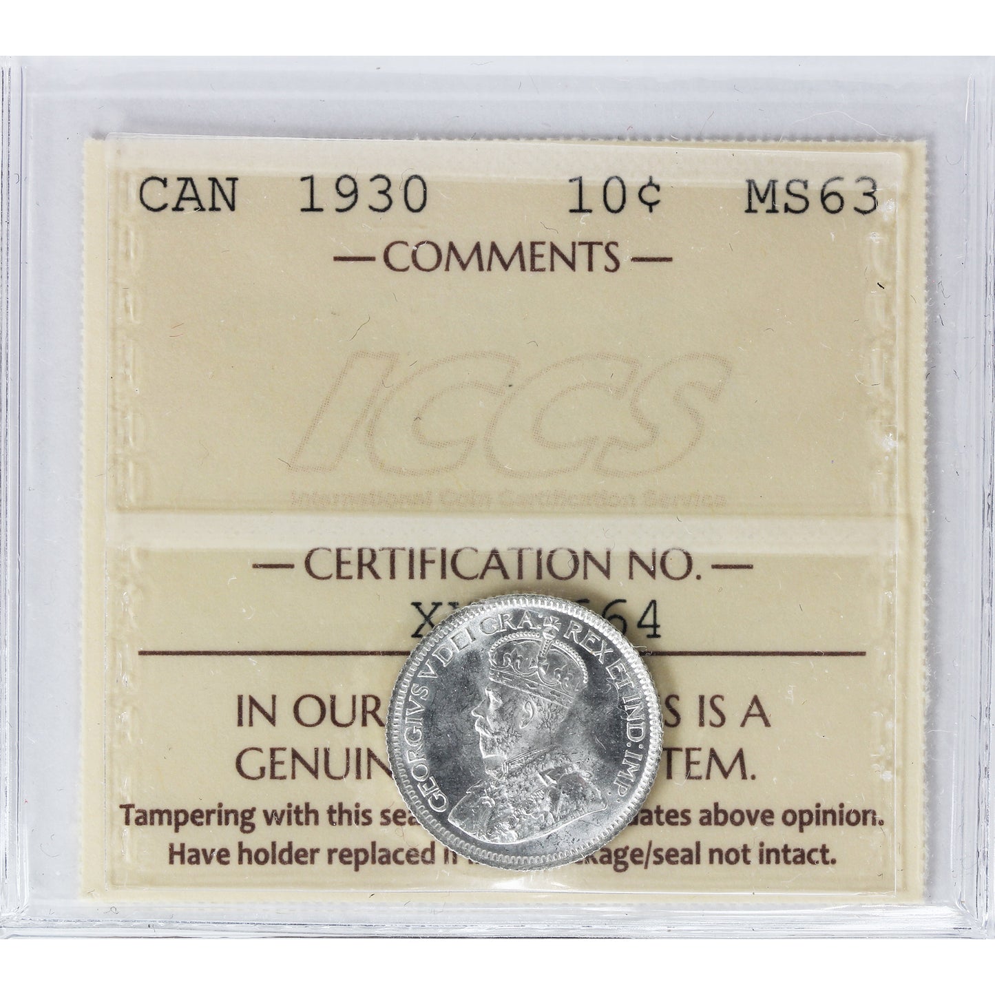 1930 Canada 10-cents ICCS Certified MS-63 (XXR 664)