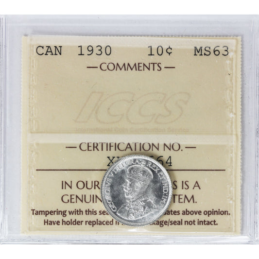 1930 Canada 10-cents ICCS Certified MS-63 (XXR 664)