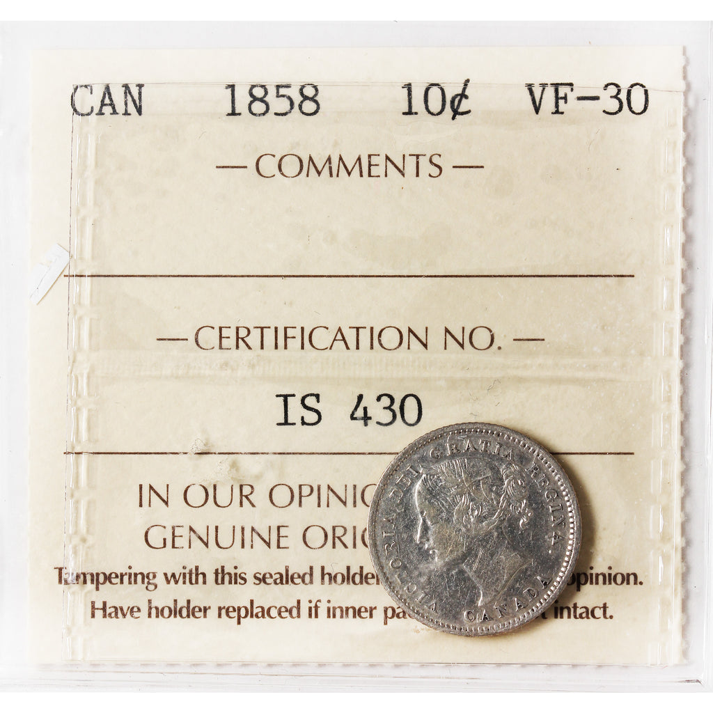 1858 Canada 10-cents ICCS Certified VF-30