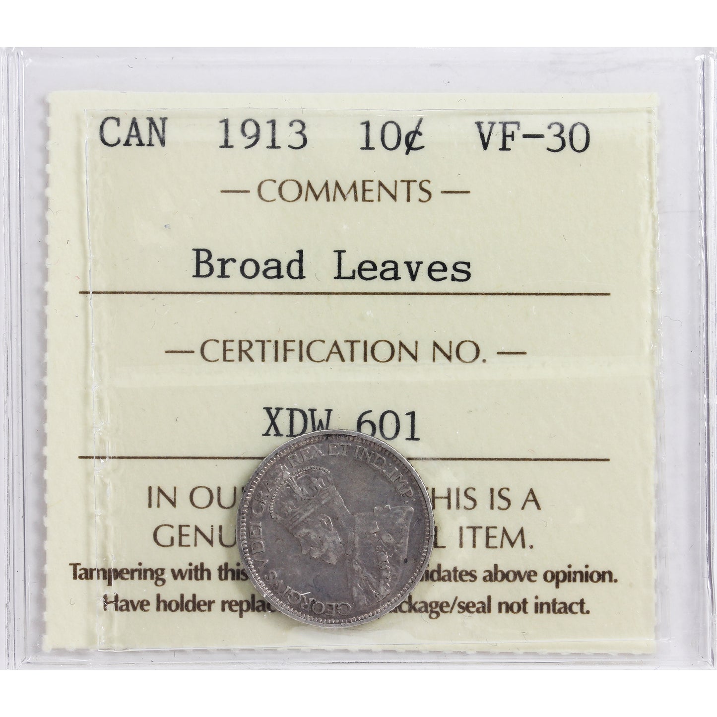 1913 Broad Leaves 10-cents ICCS Certified VF-30