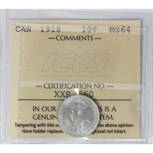 1918 Canada 10-cents ICCS Certified MS-64 (XXR 660)