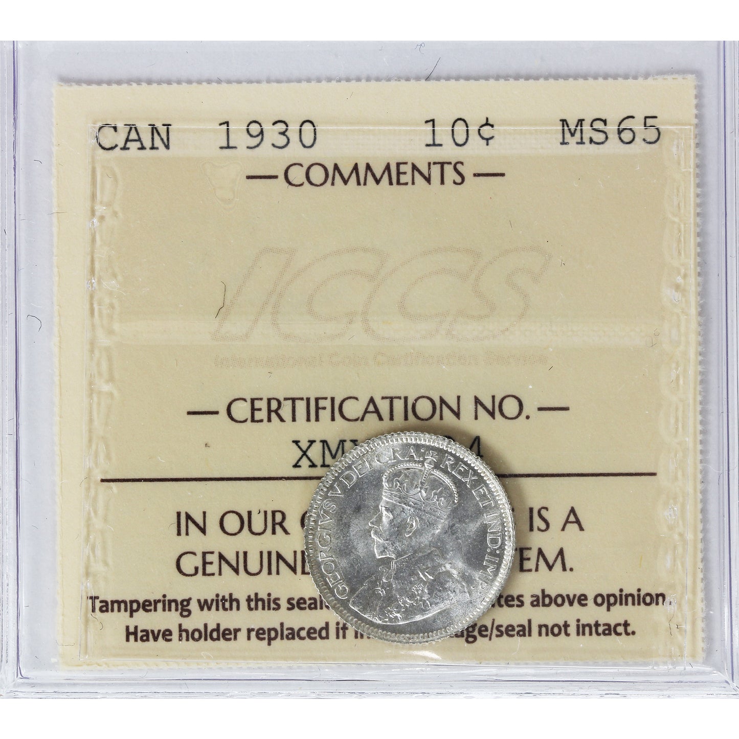 1930 Canada 10-cents ICCS Certified MS-65 (XMY 824)