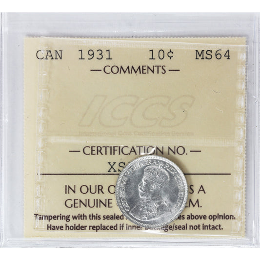 1931 Canada 10-cents ICCS Certified MS-64 (XSI 361)