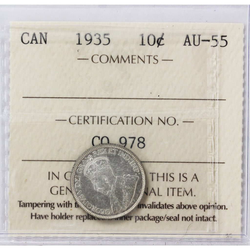 1935 Canada 10-cents ICCS Certified AU-55