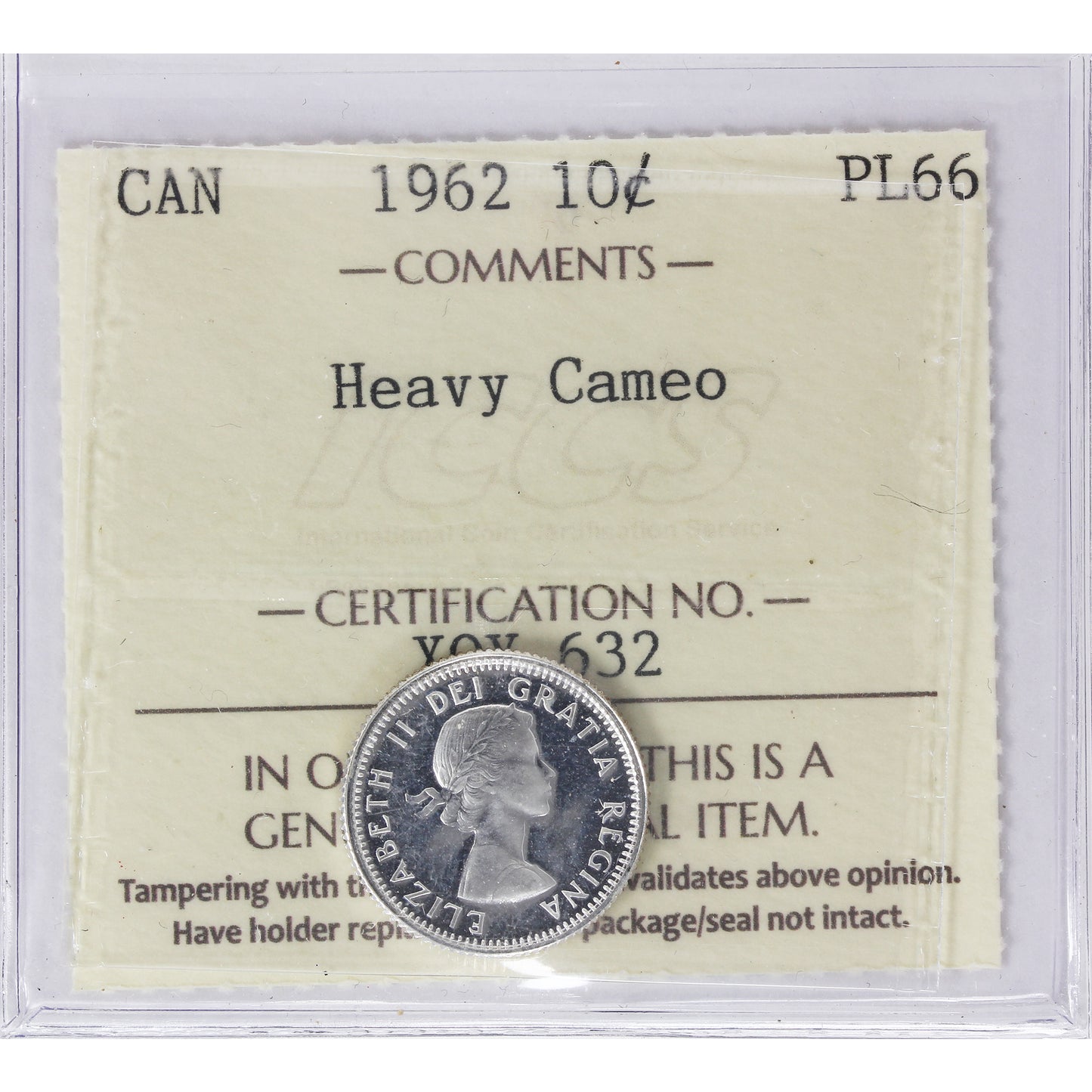 1962 Canada 10-cents ICCS Certified PL-66 Heavy Cameo