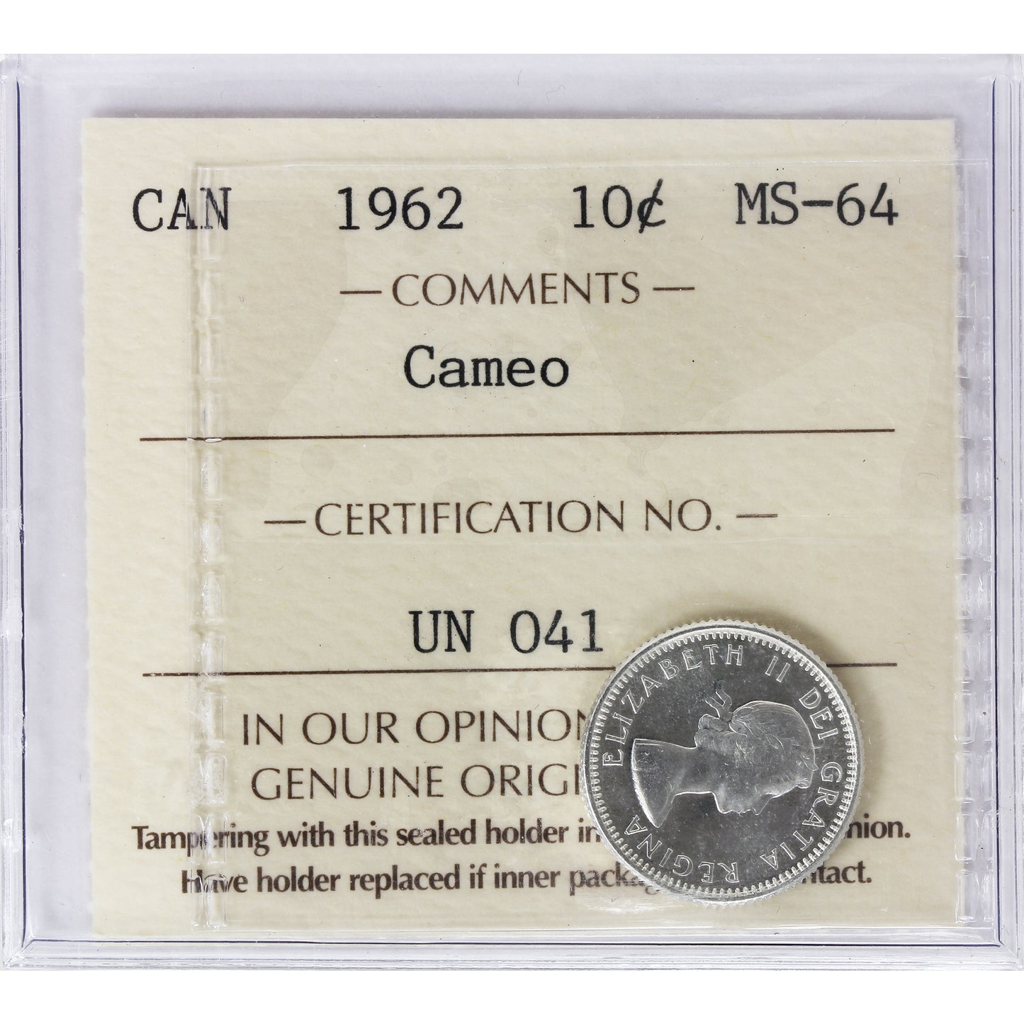 1962 Canada 10-cents ICCS Certified MS-64 Cameo