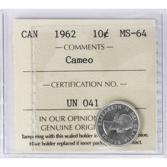 1962 Canada 10-cents ICCS Certified MS-64 Cameo