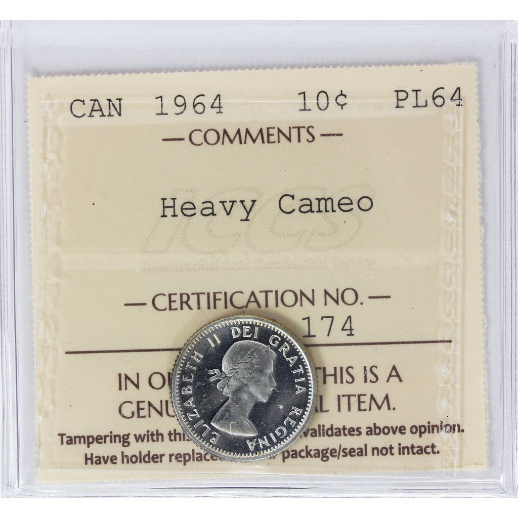 1964 Canada 10-cents ICCS Certified PL-64 Heavy Cameo