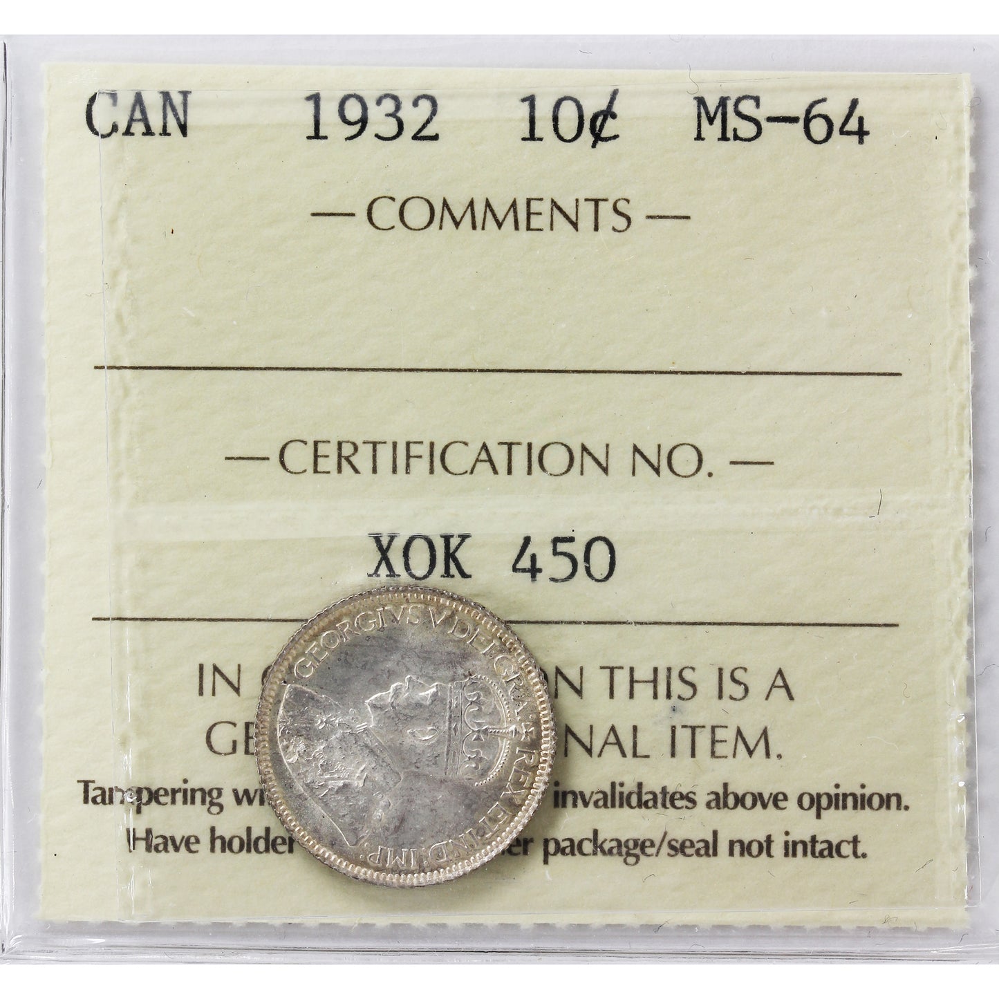 1932 Canada 10-cents ICCS Certified MS-64 (XOK 450)