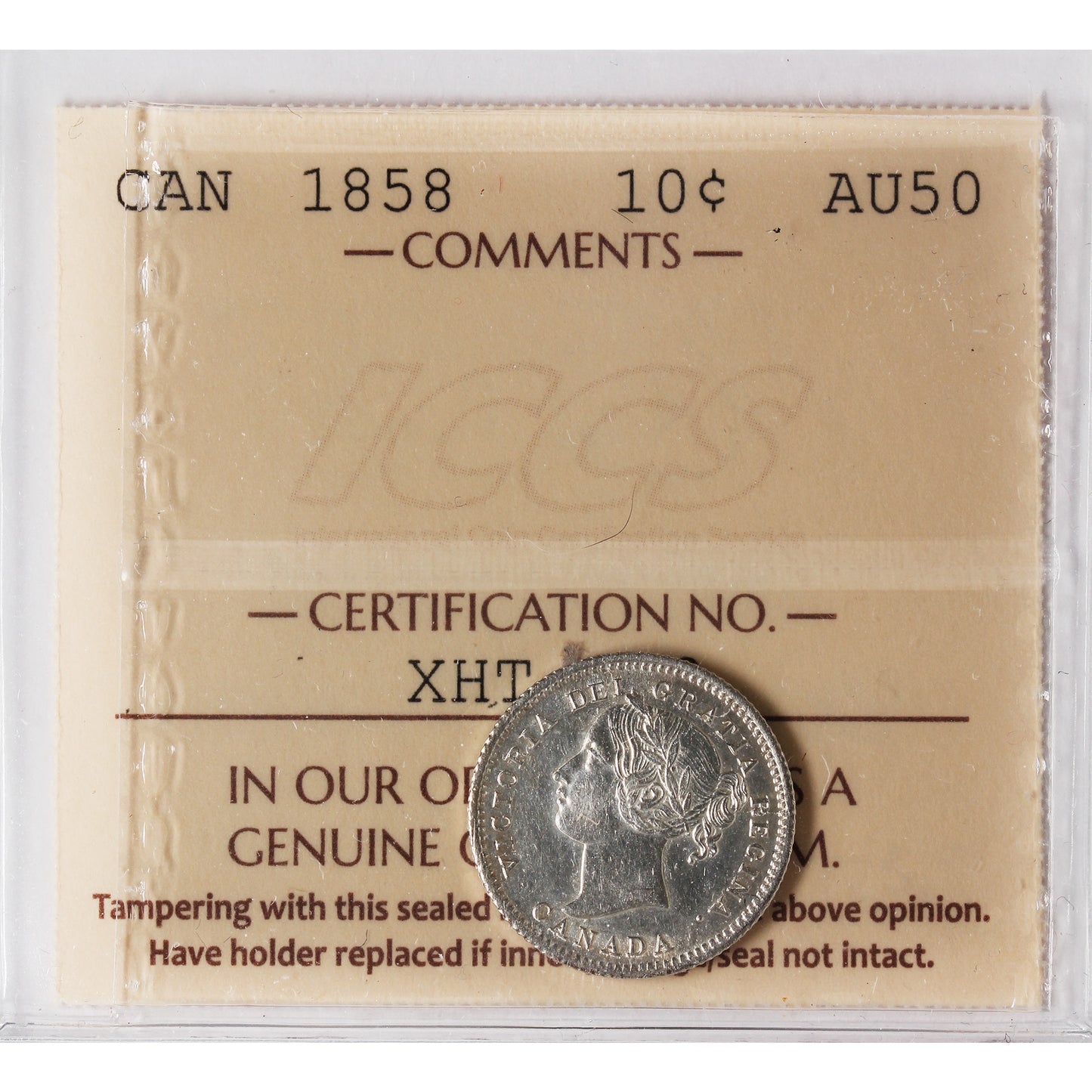 1858 Canada 10-cents ICCS Certified AU-50