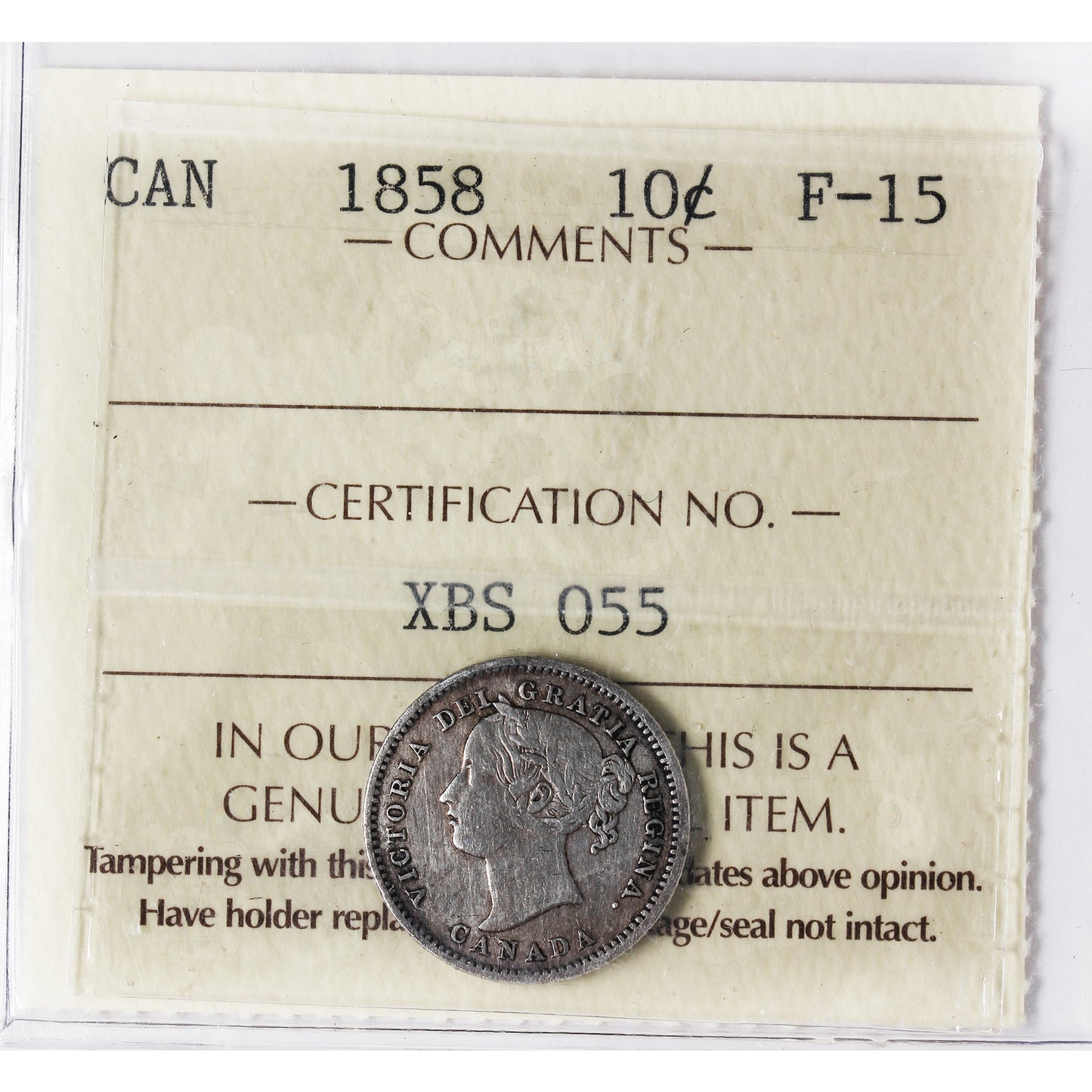 1858 Canada 10-cents ICCS Certified F-15