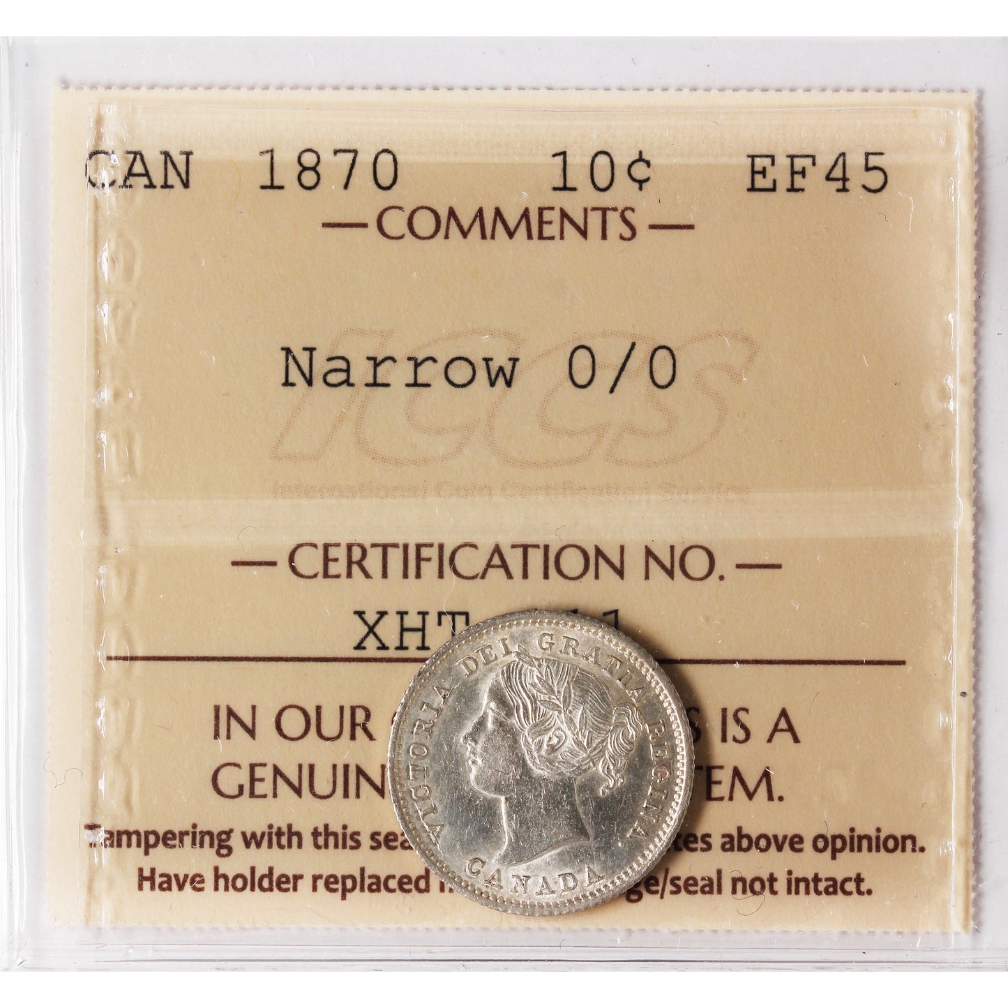 1870 Narrow 0/0 Canada 10-cents ICCS Certified EF-45