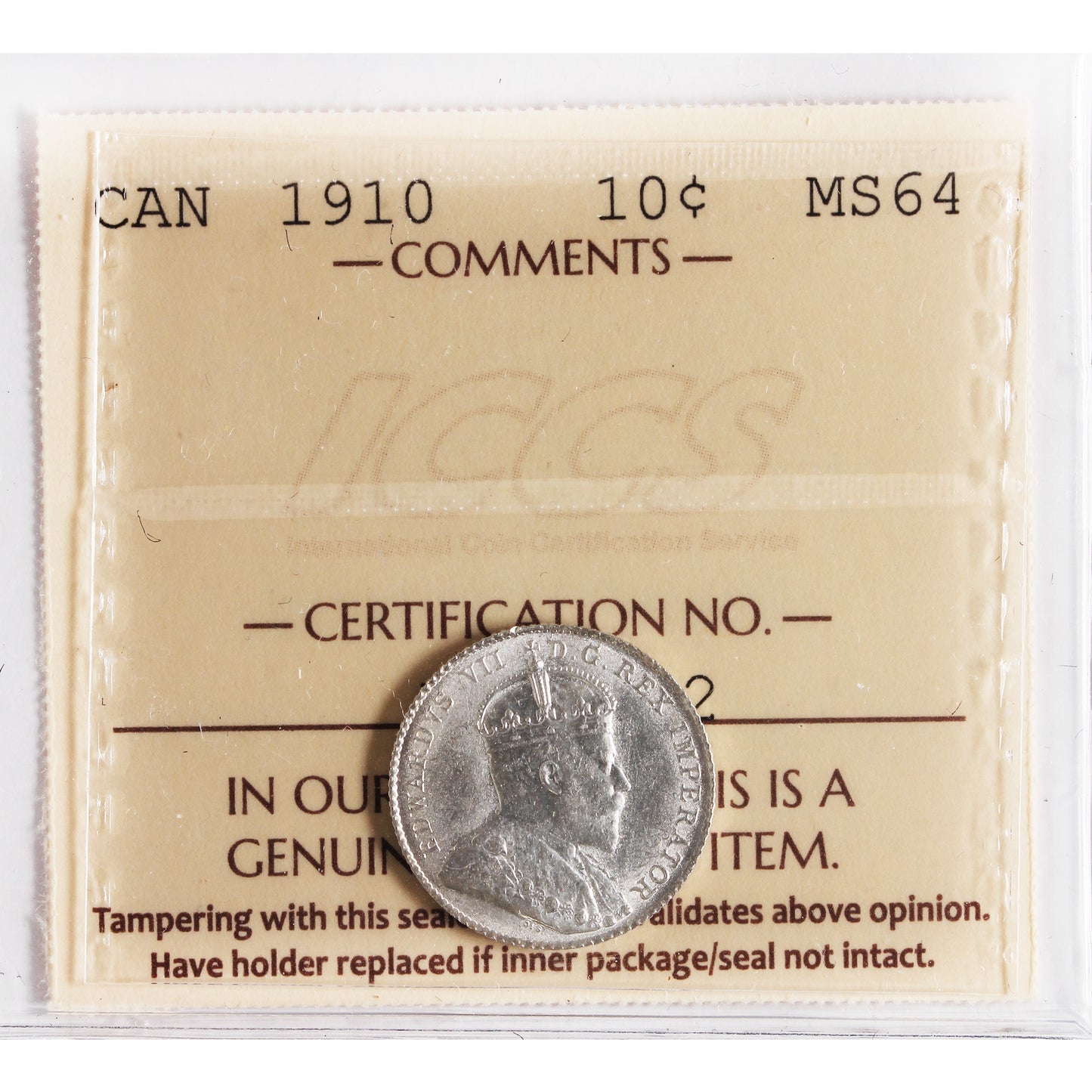 1910 Canada 10-cents ICCS Certified MS-64 (XHT 132)