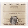 1911 Canada 10-cents ICCS Certified MS-64 (BQ 388)