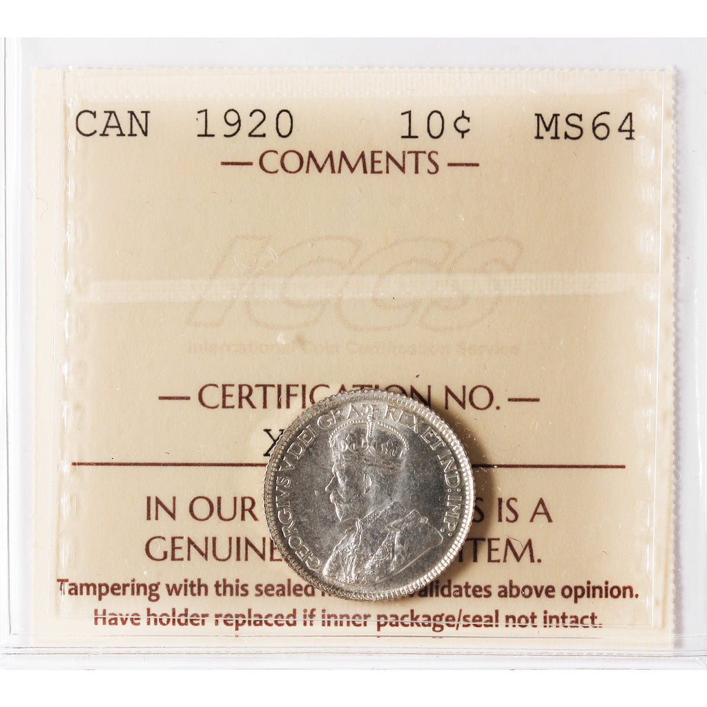 1920 Canada 10-cents ICCS Certified MS-64 (XHT 140)