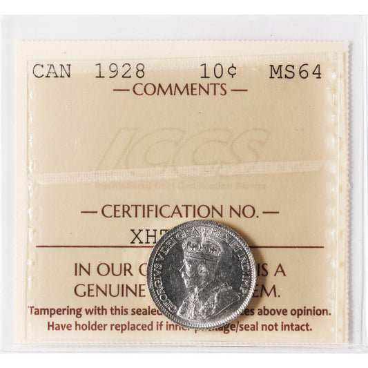 1928 Canada 10-cents ICCS Certified MS-64 (XHT 142)