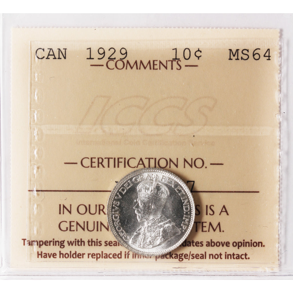 1929 Canada 10-cents ICCS Certified MS-64 (XAM 207)