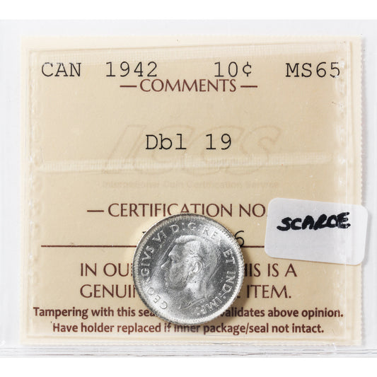 1942 Double 19 Canada 10-cents ICCS Certified MS-65 (XHT 176) SCARCE