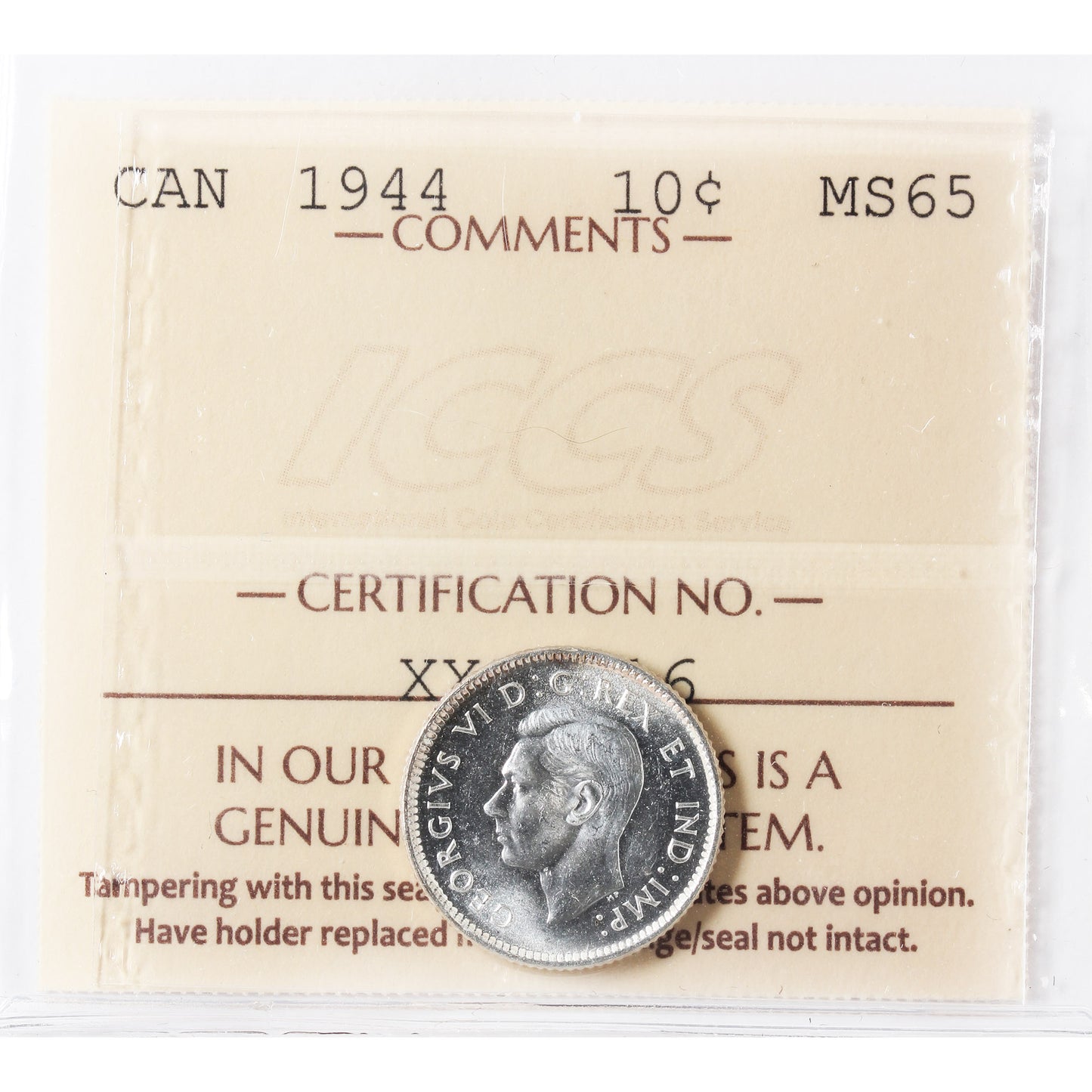 1944 Canada 10-cents ICCS Certified MS-65 (XXZ 616)