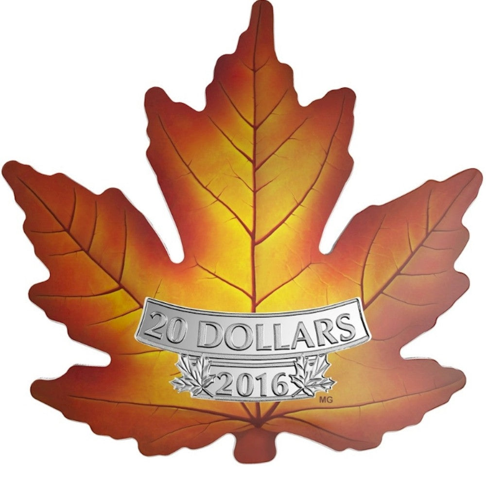 RDC 2016 $20 Canada's Colourful Maple Leaf Shaped Fine Silver (No Tax) Bent Sleeve