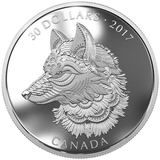 RDC 2017 Canada $30 Zentangle Art - Great Grey Wolf 2oz (No Tax) Issues