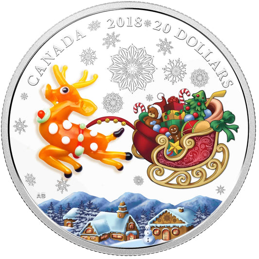 2018 Canada $20 Holiday Reindeer With Murano Glass Silver Coin