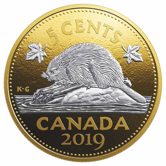 2019 Canada 5-cent Big Coin Reverse Gold Plated 5oz. Silver (No Tax)