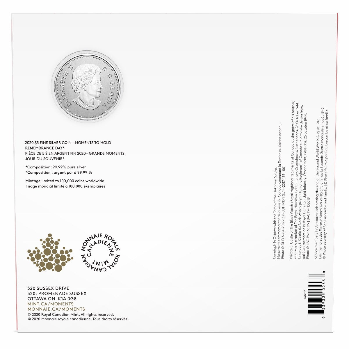 2020 Canada $5 Moments to Hold - Remembrance Day Fine Silver (No Tax)