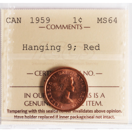 1959 Hanging 9 Canada 1-cent ICCS Certified MS-64 Red