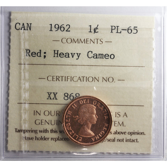 1962 Canada 1-cent ICCS Certified PL-65 Red; Heavy Cameo